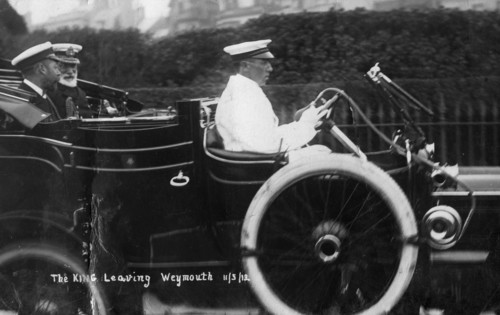 King George V leaving Weymouth, Dorset, by car, 11th March 1912. Artist: Unknown