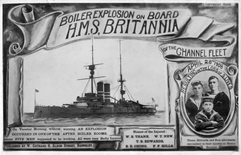 Boiler explosion on board HMS 'Britannia', 28th April 1908. Artist: Unknown