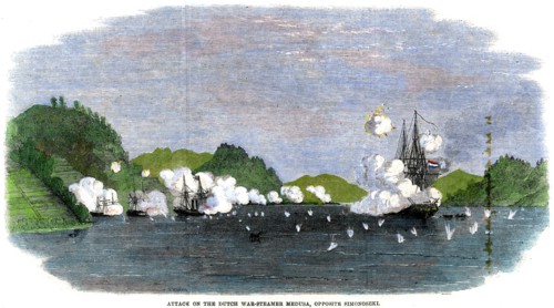 'Attack on the Dutch war-steamer 'Medusa', opposite Simonoseki', Japan, 1863. Artist: Unknown