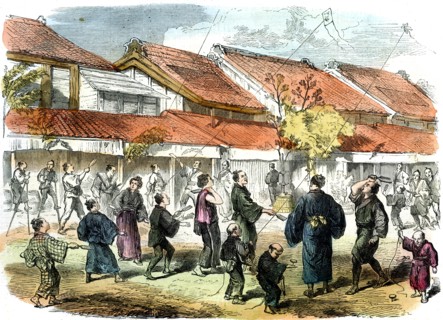 Japanese game of battledore and shuttlecock in the streets of Yokohama, 1865. Artist: Unknown