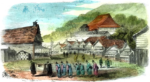 Street in Hakodate, and funeral procession, Japan, 1856. Artist: Unknown