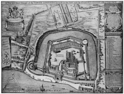 Bird's eye view of the Tower and Liberties as they appeared in 1597, London, 20th century.  Artist: Unknown.