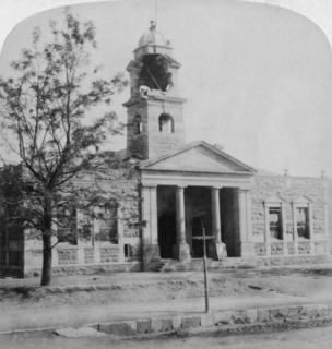 The Town Hall, struck by a Boer shell during the siege, Ladysmith, South Africa, 1901. Artist: Underwood & Underwood