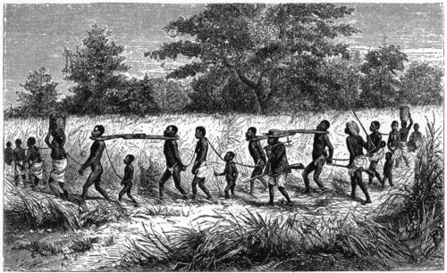Chained and yoked slaves on the march to the trading station, 1965. Artist: Unknown