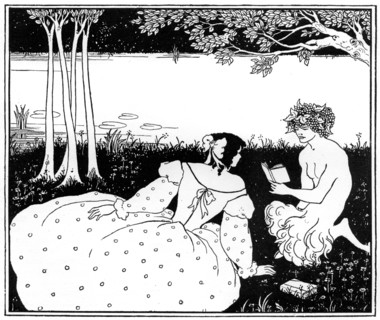 Pan reading to a woman by a brook, 1898.Artist: Aubrey Beardsley