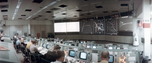 The Mission Operations Control Room in Mission Control Centre, Houston, Texas, USA, 1971.ston, 1971.Artist: NASA