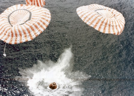 The Apollo 15 capsule lands safely despite a parachute failure, Mid-Pacific Ocean, 1971.Artist: NASA