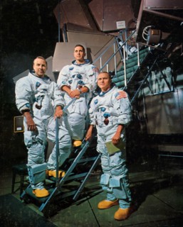 The crew of Apollo 8 in front of a simulator, 1968.Artist: NASA