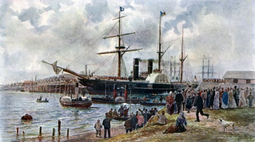 The 'Ripon' leaving Southampton with troops for the Crimea, 1904. Artist: Unknown
