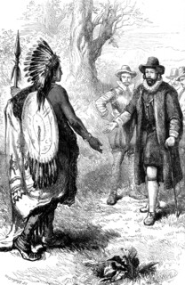 Reception of a Narragansett warrior by John Winthrop, Massachusetts, c1630s (c1880). Artist: Whymper