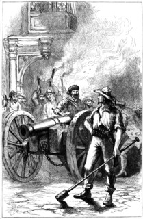 Mob firing cannon before the courthouse where Alexander McLeod was imprisoned, 1840 (c1880). Artist: Unknown