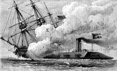 The Confederate ironclad 'Merrimac' sinking the USS 'Cumberland', 1862 (c1880). Artist: Unknown