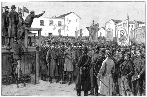 Constabulary guarding a government reporter at a 'plan of campaign' meeting, Ireland, 1887. Artist: Unknown