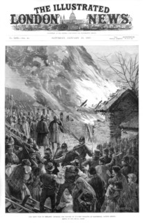 Burning the houses of evicted tenants at Glenbeigh, County Kerry, Ireland, 1887. Artist: A Forestier