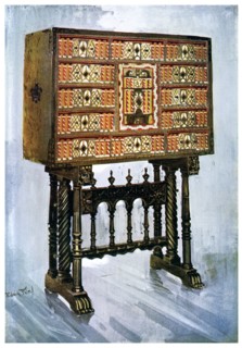 Vargueno cabinet of chestnut, ivory and other materials, 1910.Artist: Edwin Foley