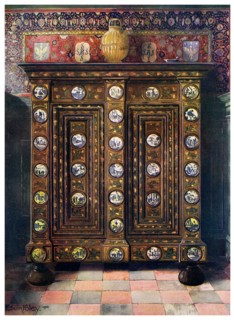 Walnut kas inlaid and with painted medallions of Delft ware, 1910.Artist: Edwin Foley