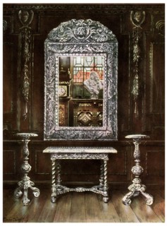 Mirror, gueridons, and table overlaid with silver plaques, 1910.Artist: Edwin Foley