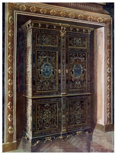Armoire in ebony with inlays of engraved brass and white metal, 1910.Artist: Edwin Foley