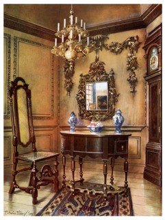 Panelling, mirror frame, walnut table and chair, Charles Wesley's walnut high case clock, 1910.Artist: Edwin Foley