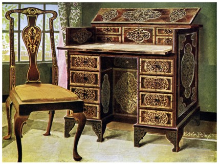 Walnut inlaid writing table, 1910.Artist: Edwin Foley