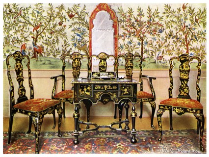 Black lacquer settee, chairs and table and red lacquer mirror, 1910.Artist: Edwin Foley