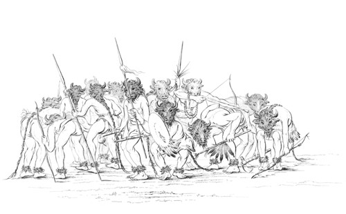Native American hunters dancing wearing buffalo masks, 1841.Artist: Myers and Co