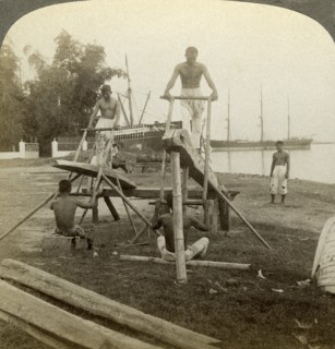 A Filipino sawmill, Cebu, Philippines.Artist: Underwood & Underwood