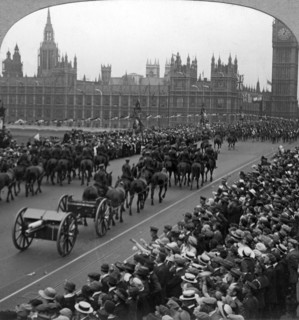 Artillery in the Great March of the Empire's Forces, Westminster Bridge, London, 1919(?).Artist: Realistic Travels Publishers
