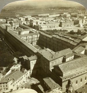 Vatican Palace from the dome of St Peter's Basilica, Rome, Italy.Artist: Underwood & Underwood