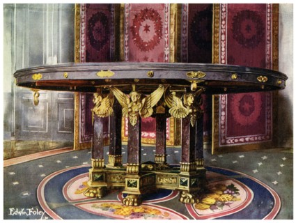 Circular table and folding screen, 1911-1912.Artist: Edwin Foley
