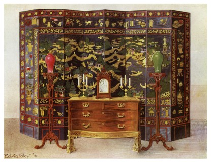 Curved commode table and Chinese lacquered eight fold screen, 1911-1912.Artist: Edwin Foley