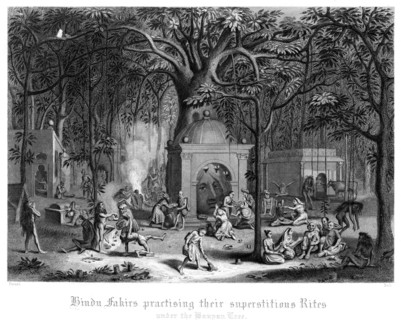 'Hindu Fakirs Practising Their Superstitious Rites Under the Banyan Tree'.Artist: Bell