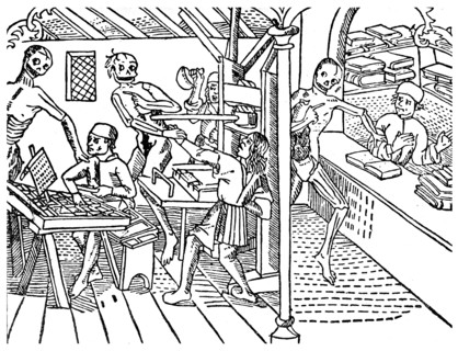 Printworkers harrassed by skeletons, 1499 (1956). Artist: Unknown