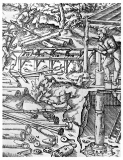 Making and using elm tree pumps to drain mines before the days of the steam engine, 1556 (1956). Artist: Unknown