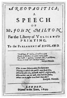 Freedom of the press: title page from the Areopagitica by John Milton, 1644 (1956). Artist: Unknown