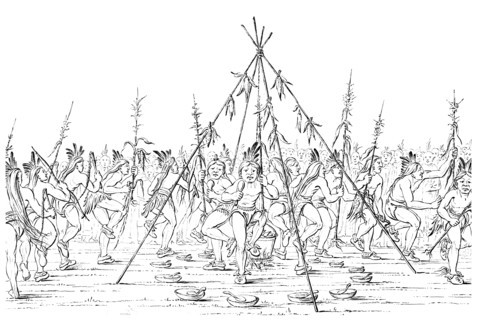 Medicine men dance around a cooking pot giving thanks to the Great Spirit, 1841.Artist: Myers and Co