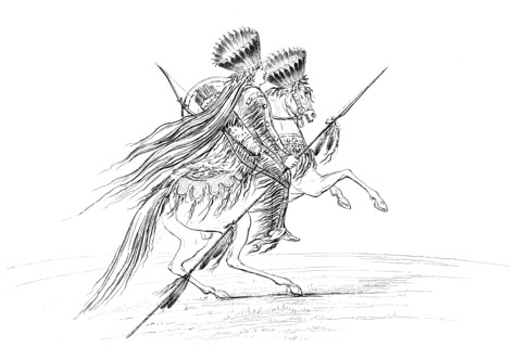 Native American male with weapons and headdress, riding a horse, 1841.Artist: Myers and Co