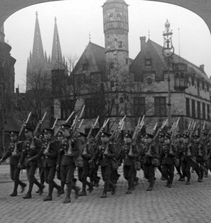 British troops marching in Cologne, Germany, 1918-1926.Artist: Realistic Travels Publishers