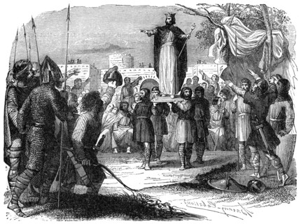 King of the Franks being carried on a shield, 1882-1884. Artist: Unknown