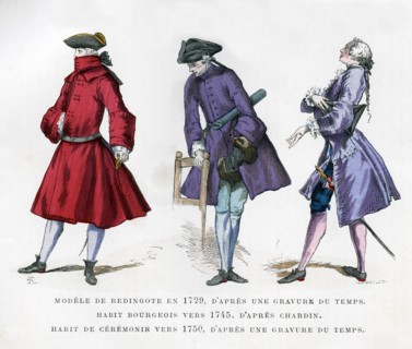 Frock coat of 1729, bourgeois fashion in 1745, and ceremonial dress of 1750, (1882-1884).Artist: Tamisier