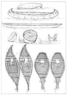 Sioux canoes and Chippewa snowshoes, 1841.Artist: Myers and Co