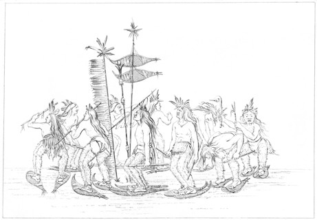 Chippewa snowshoe dance, 1841.Artist: Myers and Co
