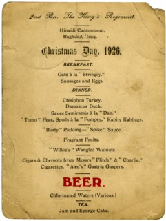 Christmas Day menu, 2nd Battalion the King's Regiment, Iraq, 1926. Artist: Unknown