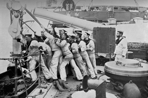 Raising the anchor on the forecastle of the battleship HMS 'Majestic', 1896Artist: Gregory & Co