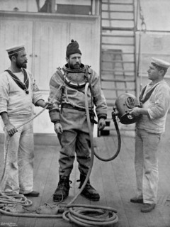 A diver from the battleship HMS 'Camperdown' in his diver's dress, 1896. Artist: Gregory & Co