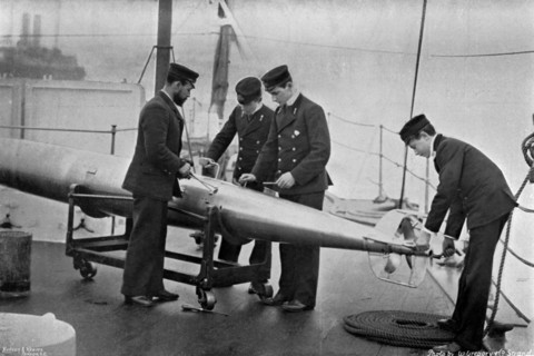 Torpedo instruction on board HMS 'Theseus', 1896.Artist: W Gregory