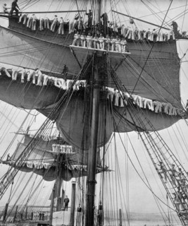Reefing topsails on board the training ship HMS 'Impregnable', Devonport, Devon, 1896.Artist: WM Crockett