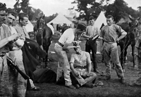 Cavalrymen preparing for Sunday parade, 1896. Artist: Knight