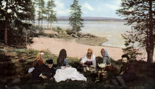 Karelians having tea by a river, near Archangel, Russia, c1930s. Artist: Unknown