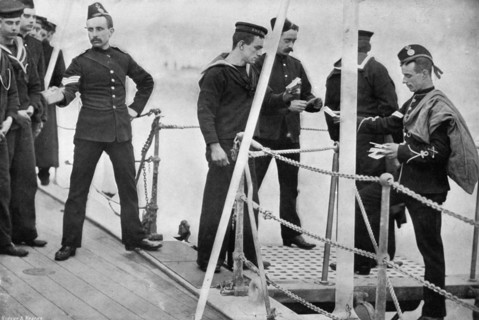 The ship's postman coming on board, 1896.Artist: Gregory & Co